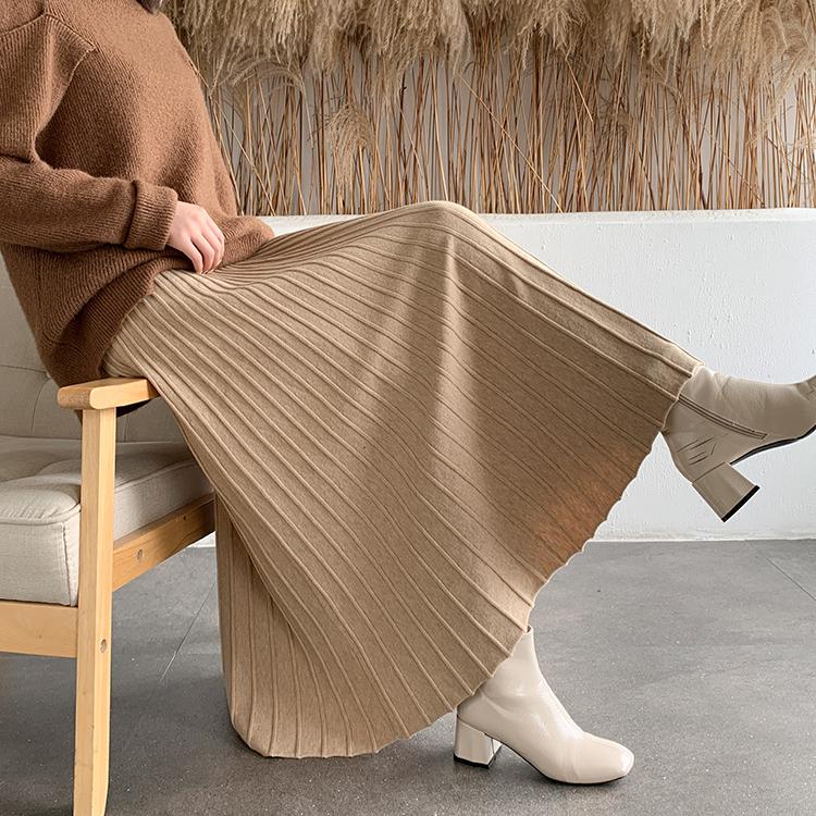 Gestrickte lange Midiröcke für Damen, elastische Taille, verdicken, elegant, Herbst/Winter, A-Linie, Strickmode, gestreift, lässig, Vintage-Rock