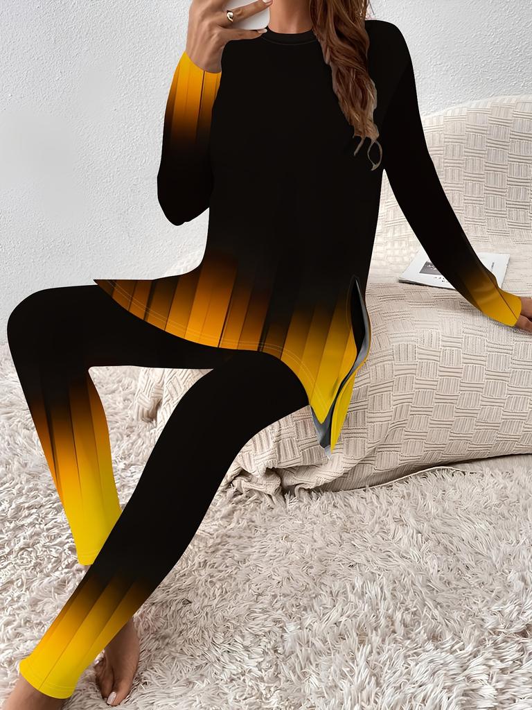 Crew neck long-sleeved set slim-fitting sports retro pattern printed slim-fitting yoga trousers set