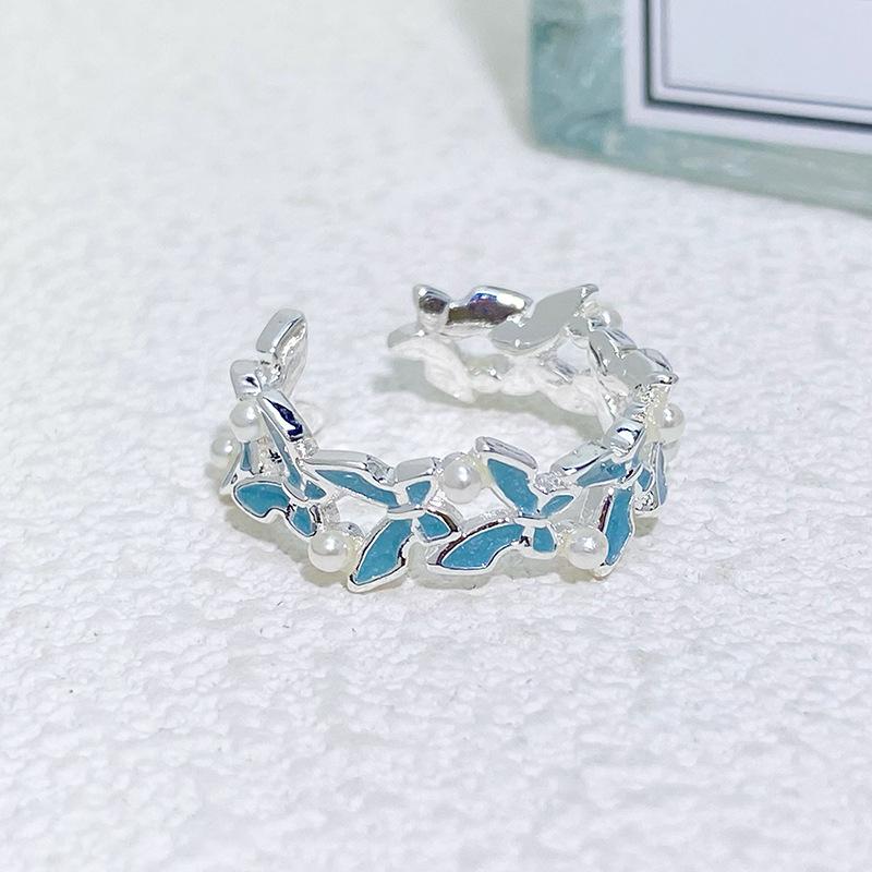 Spring And Summer Sea Blue Enamel Dripping Oil Flower Butterfly Opening Ring High Sense Personality Light Luxury Ring Women