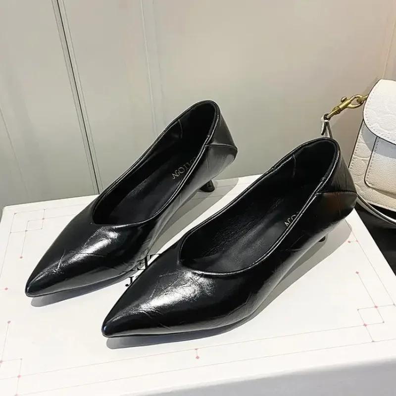 New Women's Boat Shoes Pointed Toe Pumps Kitten Heel Dress Shoes Silver Office Work Shoes for Female Black Spring Autumn