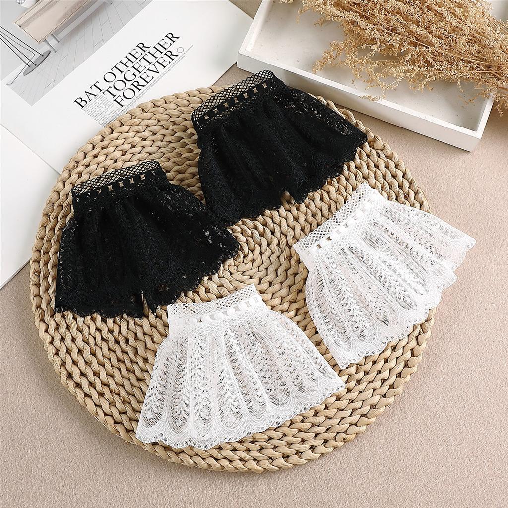 White Black Fake Flare Sleeves Women Floral Lace Pleated False Cuffs Ruffles Elastic Wrist Warmers Sweater Blouse Horn Cuffs