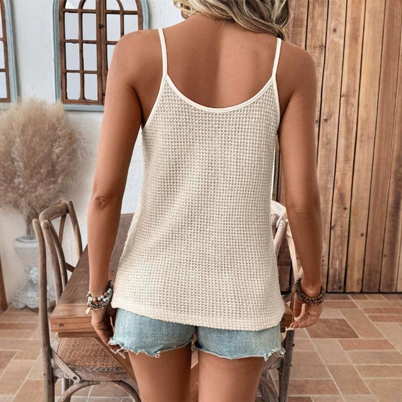 Canottiera da donna estiva in maglia con scollo a V e bordatura in pizzo, senza maniche