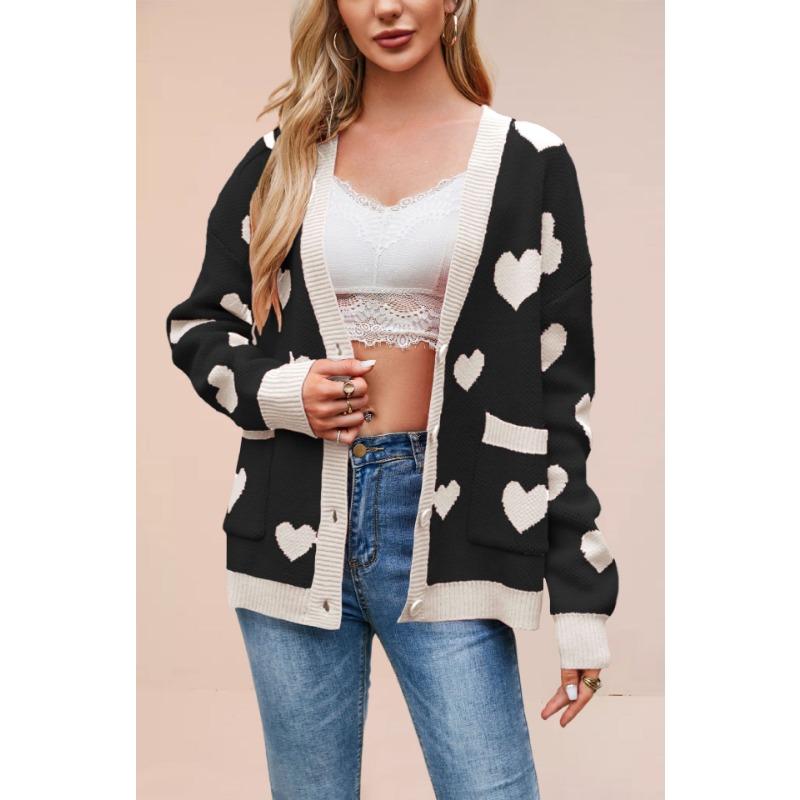 New women's clothing Valentine's Day love peach knitted cardigan pocket V-neck regular jacket