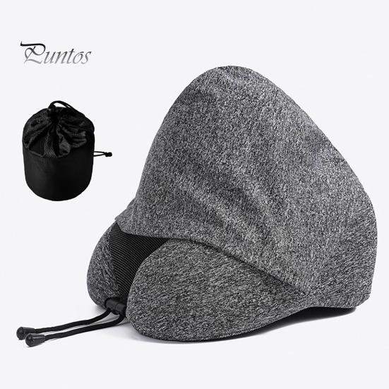 Travel Neck Pillow with Hood Memory Foam U-shaped Pillow with Adjustable Drawstring Breathable Neck Cushion for Airplane Car Long Flights Road Trips