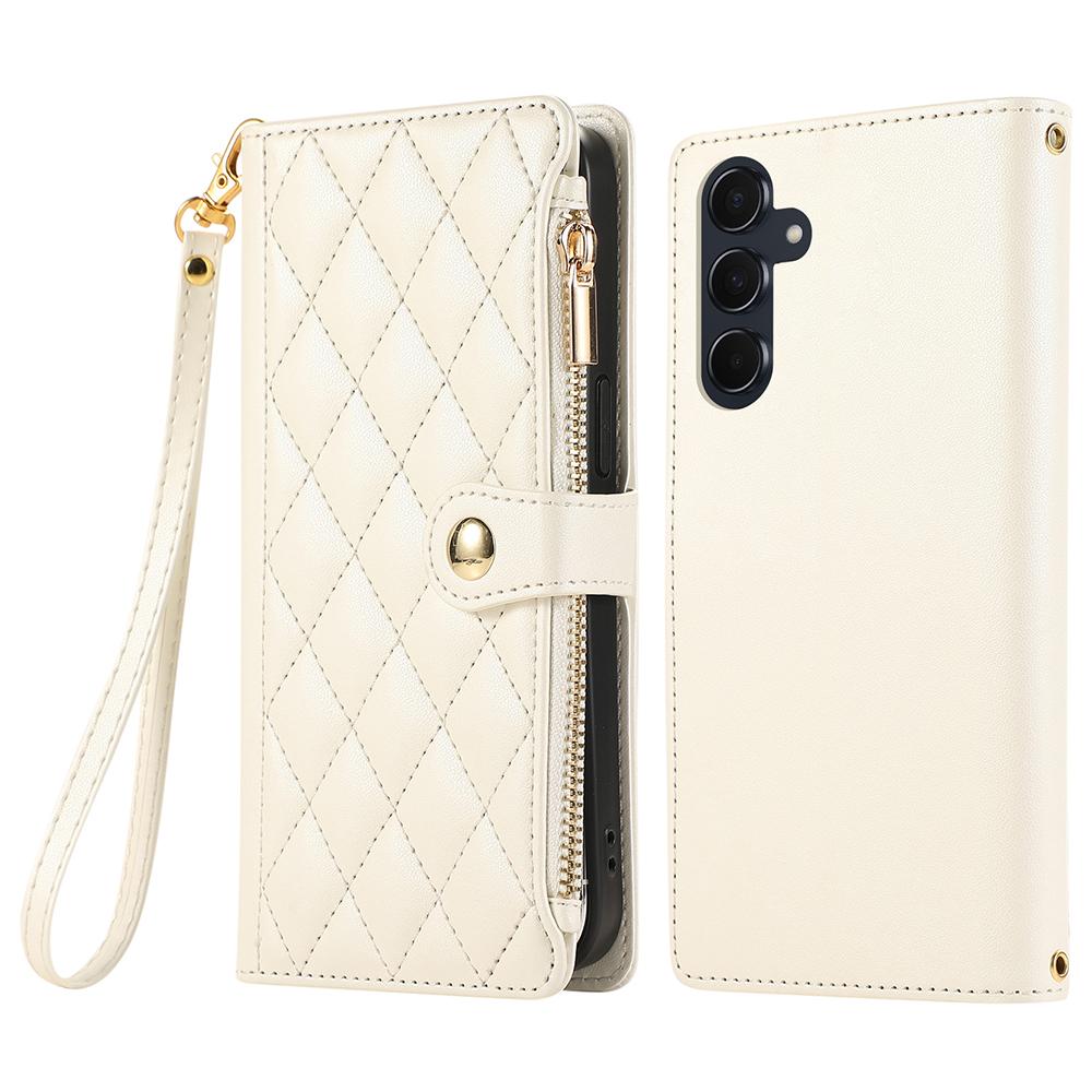 For Samsung Galaxy A16 4G/5G/A26 5G Case Multi Card Slots Zipper Rhombus Leather Phone Cover with Wrist Strap