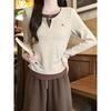 Women's 2025 Autumn Patchwork Pleated Waist Two-Piece Look Long-Sleeve Slimming Top