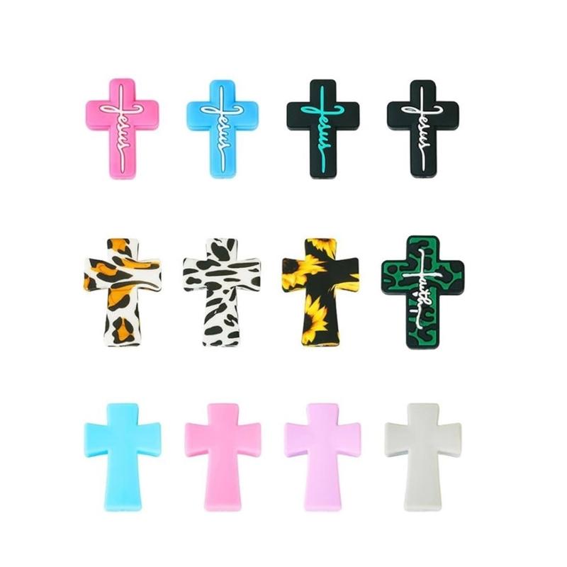 12Pcs Silicone Crosses Shaped Beads Leopard Colorful Print Loose Silicone Beads for Adult Necklaces Jewelry Making