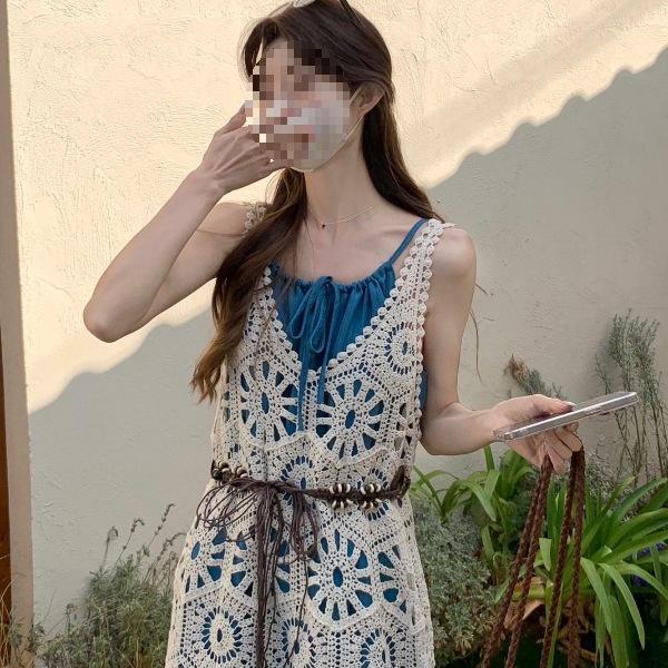 French Knit Crochet Skirt & Camisole Dress Set for Beach Vacation