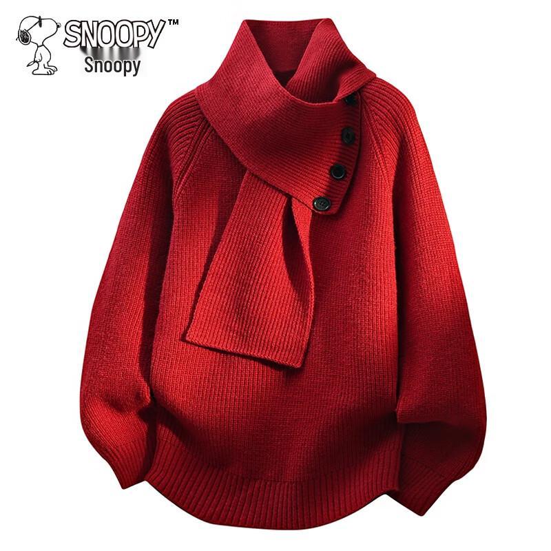 SNOOPY Men's Loose Thick V-Neck Knit Scarf Collar Sweater