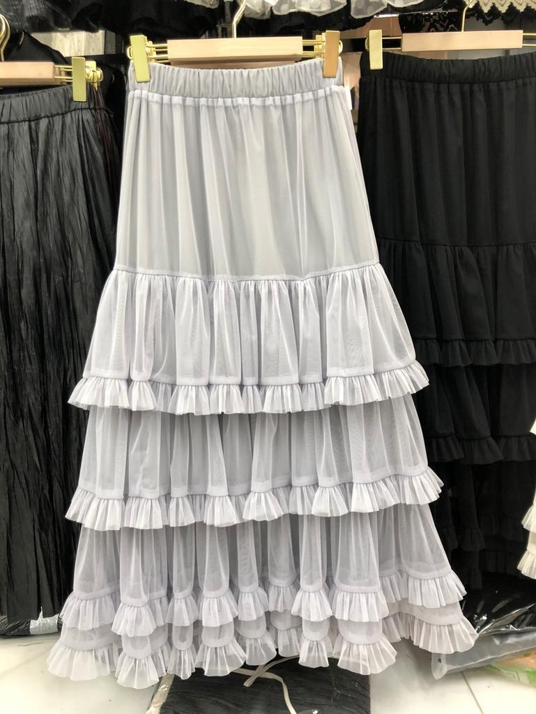 2025 Early New Elastic Waist Lace Lace Splicing A Word Big Pendulum Foreign Style Gray Cake Skirt Long Skirt