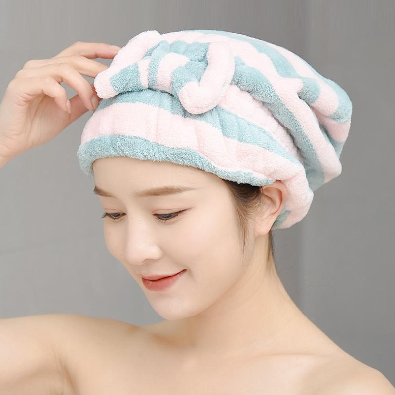 1pc Cute Bow Stripe Hair Hat Magic Microfiber Shower Cap Towel Bath Hats Dry Hair Cap Quick Drying Soft for Lady Turban Head