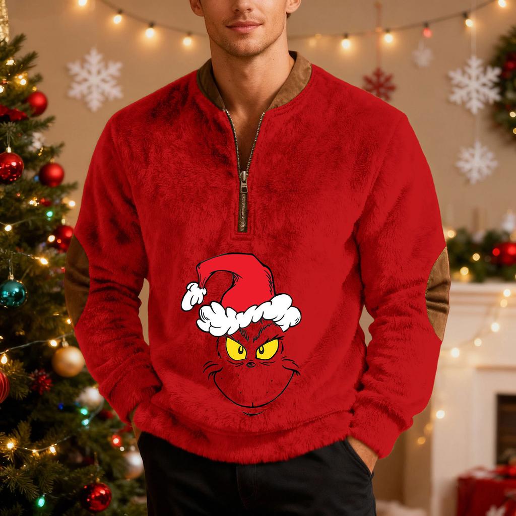 Mens Christmas Sweater Zip Up Sweatshirts Vintage Knit Graphic Sweatshirt Xmas Stand Collar Pullover