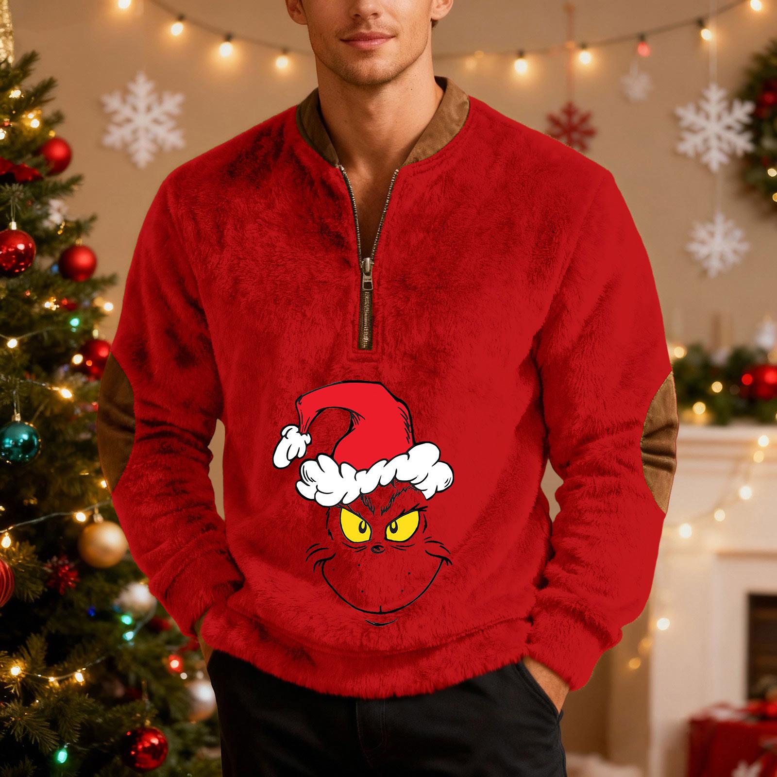 

Mens Christmas Zip Up Sweatshirts Xmas Stand Collar Pullover Tops S винный