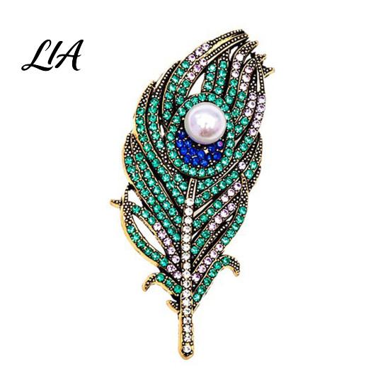 Metal Lapel Pin Vintage Peacock Feather Brooch, Faux Pearl Rhinstone Pin, Clothing Jewelry Accessories for Wedding Party Prom Rhinestone Dress