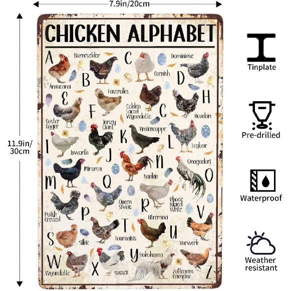 JOCASA Chicken Alphabet Vintage Metal Poster Farm Sign Decor-Retro Aluminum Metal Tin Sign for Home Wall Decor, Kitchen Farmhouse Country Farm Barn,