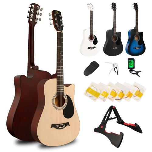 BESYOU 15-Piece Acoustic Guitar Set, 38-inch, Portable Travel Guitar, Beginner's Set, Practice Guitar for Kids and Students, Natural Wood Bass Guitar,