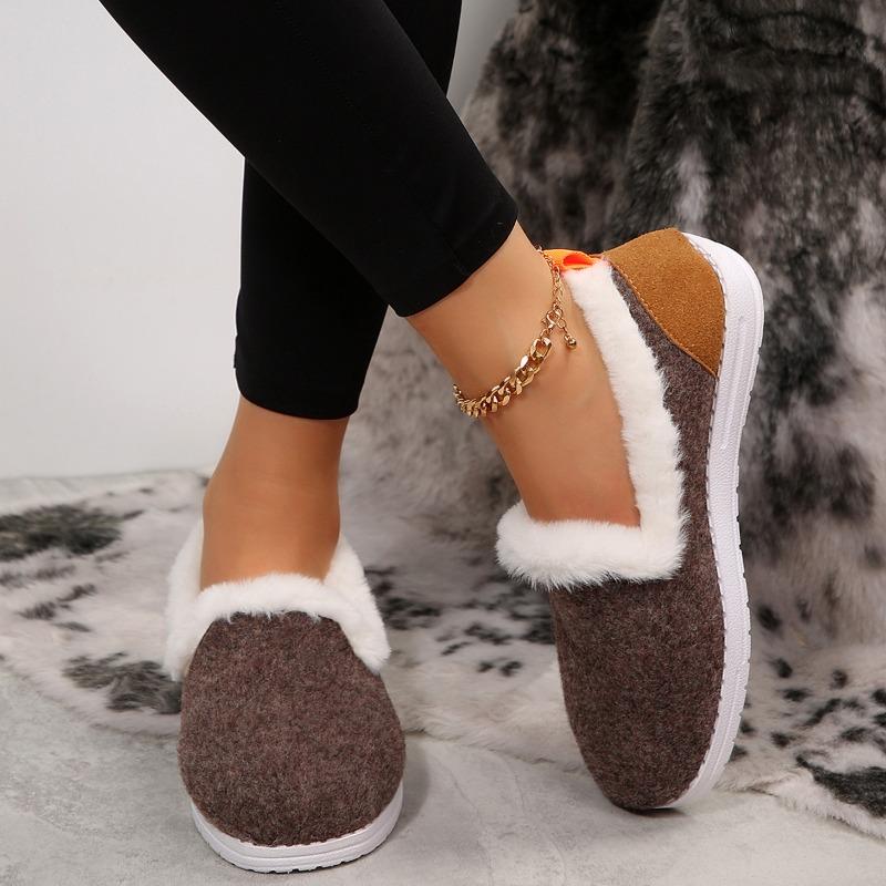 Cross-border Winter New Color Matching Flat-bottomed Velvet Snow Boots Women's Thickened Fluffy Warm Large-size Low-top Cotton Shoes