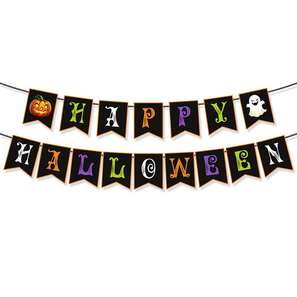 Happy Halloween Banner Ghost and Pumpkin Bunting Pennant Flag Photo Home Porch Atmosphere Party Decor Supplies