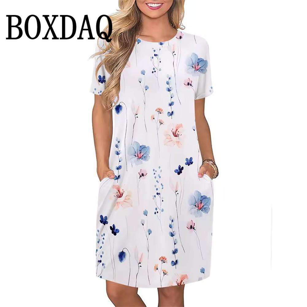 New Womens Dresses Fashion 3D Dot Print Short Sleeve Loose Clothes Summer Casual O-Neck Plus Size Mini Dresses