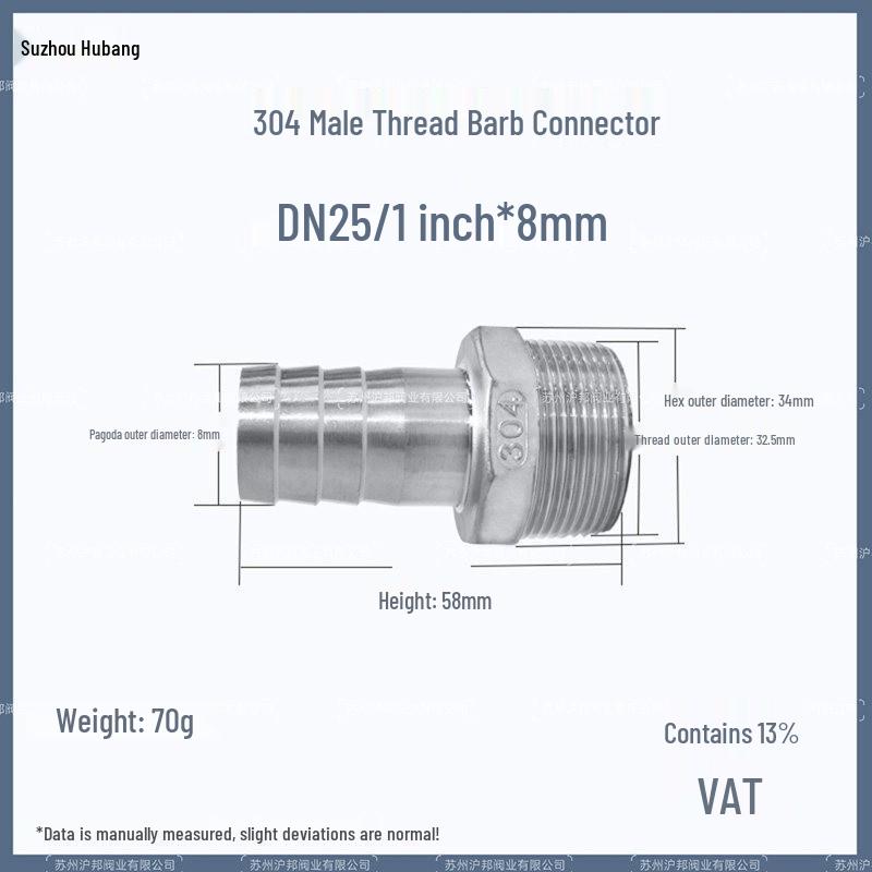 1" Hexagonal Barb Connector, 304 Stainless Steel for Water Pipe Hose, 316 Male Thread Plug