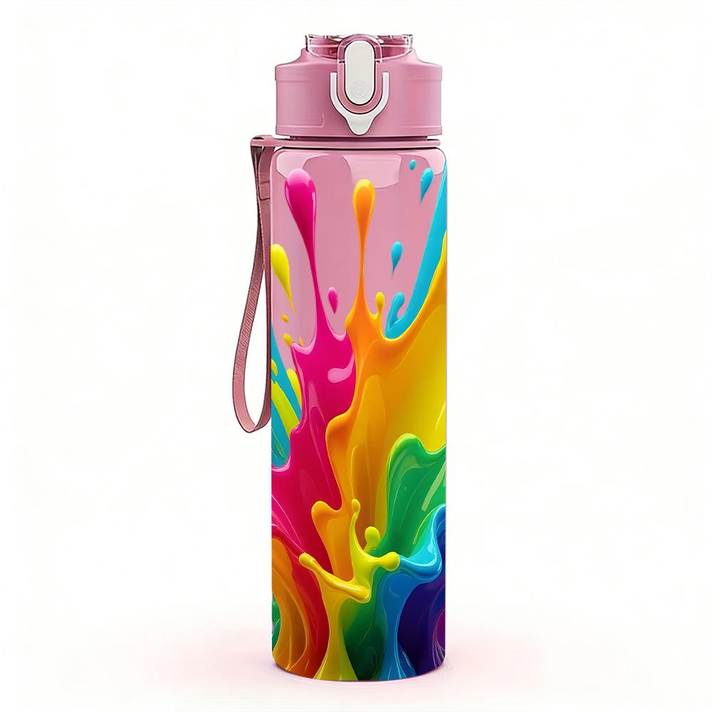 1 Stück Bunte Regenbogen-Tintenspritzer 750ml Farbige Kunststoff-Wasserflasche Auslaufsicherer Klappdeckel mit Strohhalm Für Sport, Büro, Zuhause