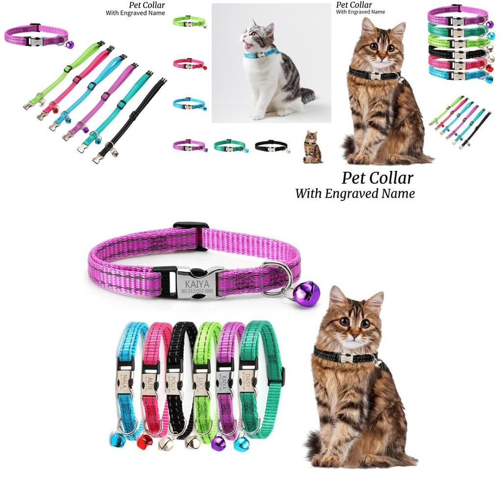 Reflective Nylon Cat Collar With Bell Free Engraving Available In Multiple Colors Suitable For Cats