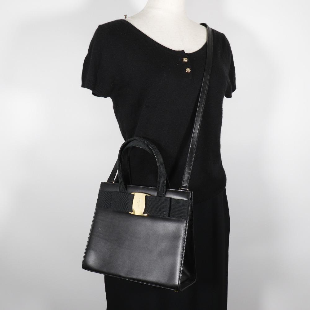 Salvatore Ferragamo Vara Ribbon Handbag 2WAYShoulder Black Leather Women Used