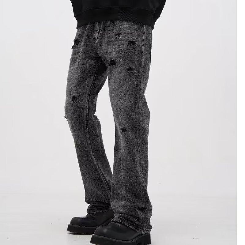 Мужские рваные джинсы JYL High-Street Стирка Чистый крой Свободные Прямые Джинсовые брюки L амарантовый