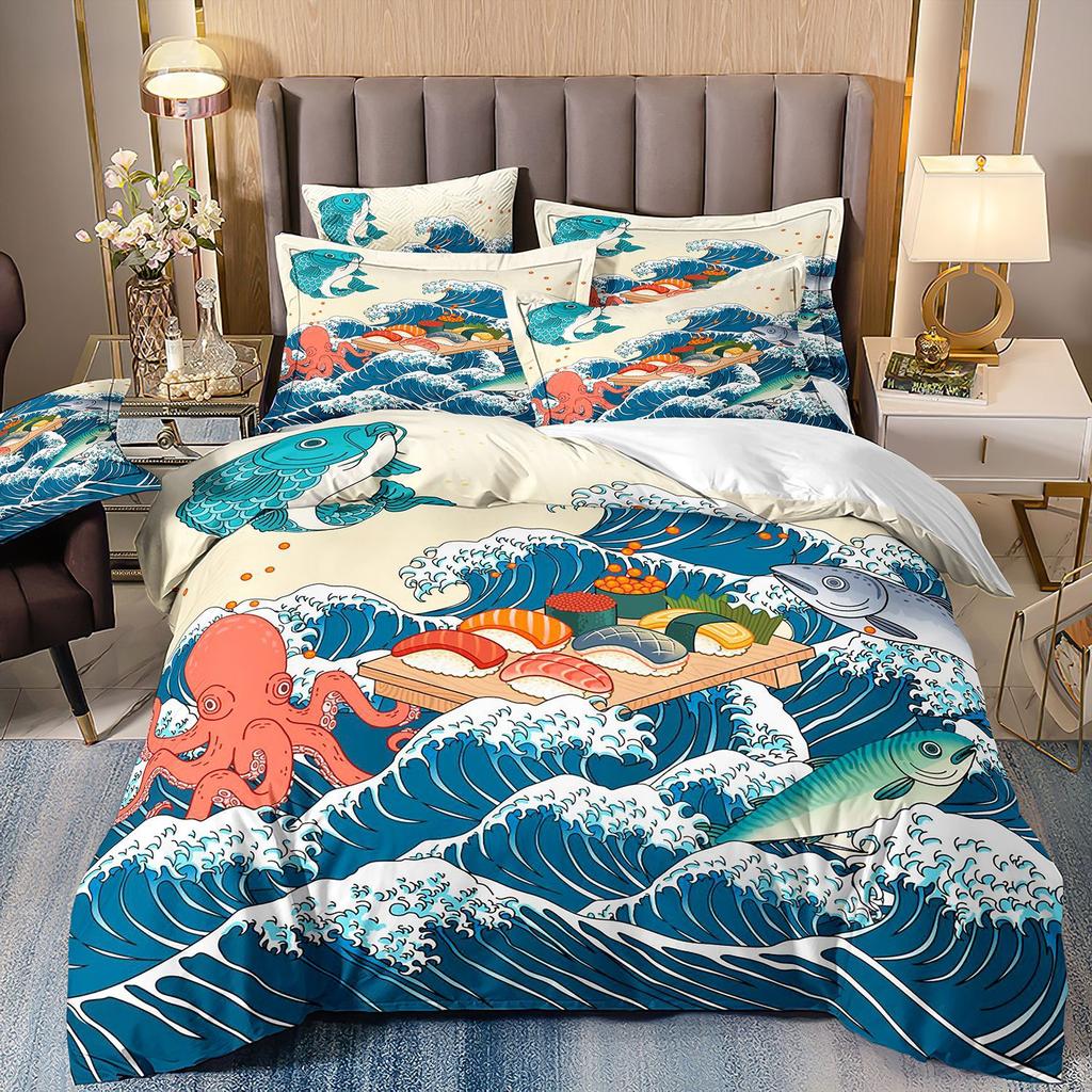 3D Three-Piece Ukiyo-E Painting Wave Flower Quilt Cover Digital Printing Bedding