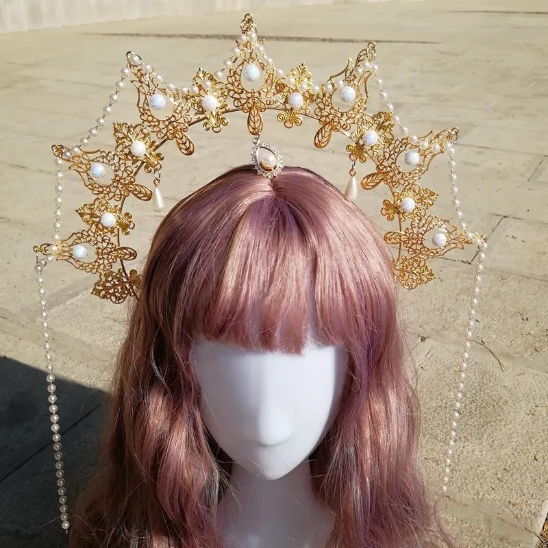 Halo Headpiece Goddess Mary Angels Gold Crown Beading Headband Lolita Hair Hoop Gorgeous Christmas Halloween Wedding Headdress