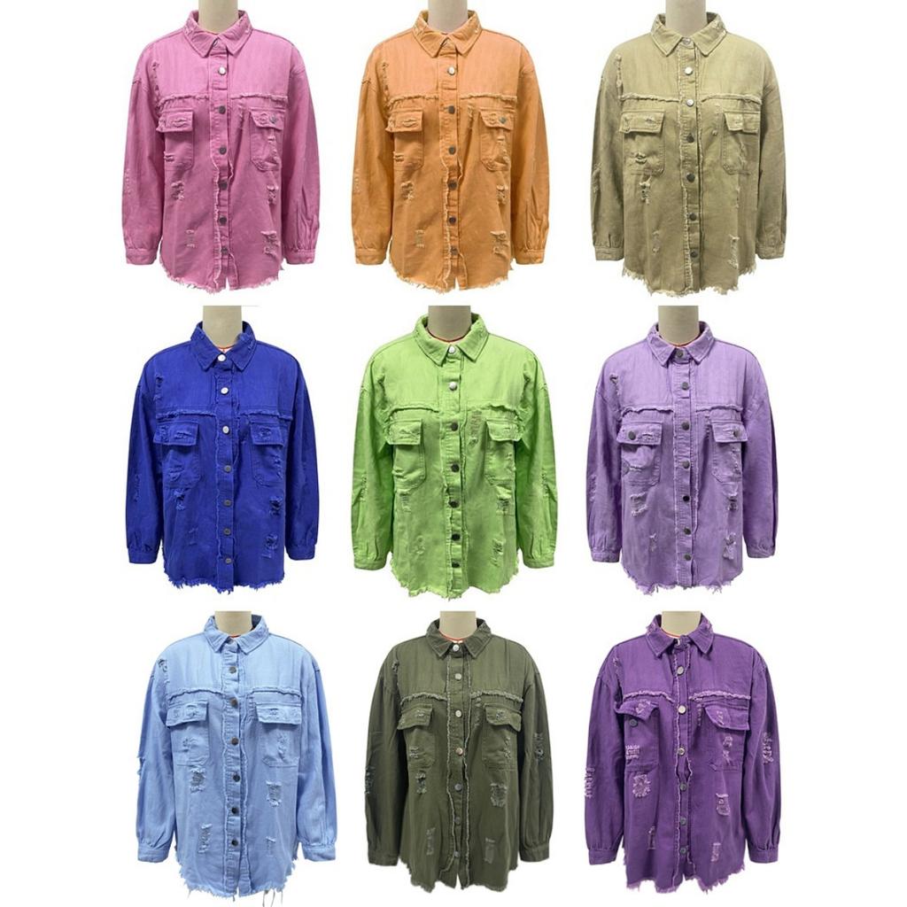 Denim Jacket Women Solid Color Loose,Jacket Hole Breaking Long Sleeve Women's Denim Shirt
