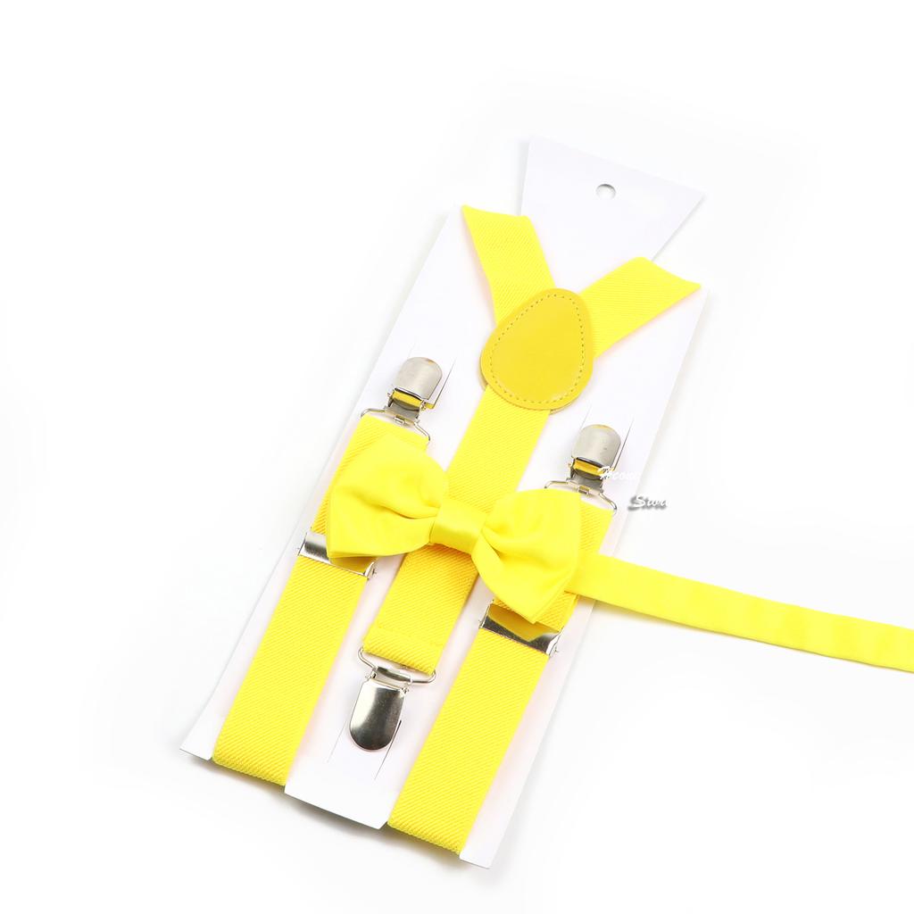 Men Kids Yellow Khaki Brown Suspender Bowtie Set Elastic Adjustable Y-Back Braces Straps Daily Father-Child Braces Accessory