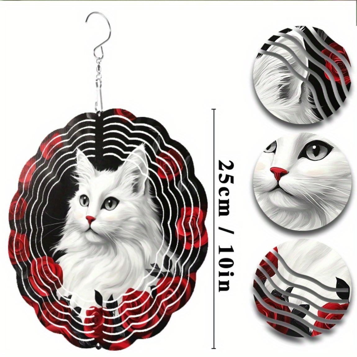 

Metal Cat Wind Spinner with Flowing Ribbons Outdoor Garden Stake Decoration for All Seasons Home Yard Indoor Decor White Cat Red Accents 01A