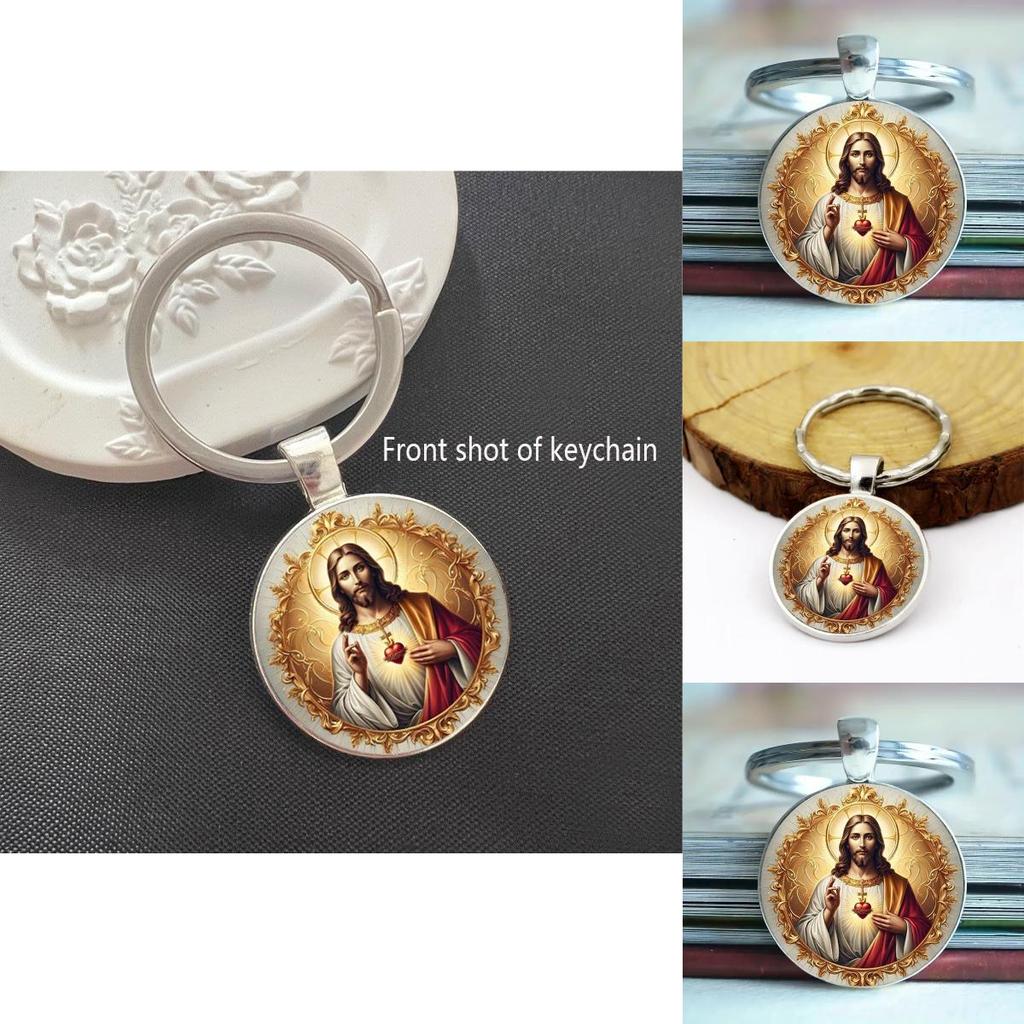 Heart Character Jesus Glass Keyring With Alloy Decor For Party Celebration Gifts