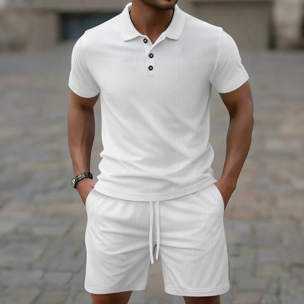 Men's Solid-color Short-sleeved  Shirt With Elastic Waist And Lace-up Shorts Set