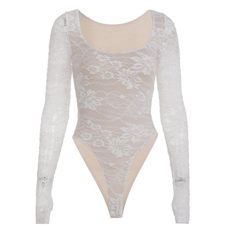

Spicy European & American Lace Patchwork Long Sleeve Slimming Square Neck Bodysuit Jumpsuit for Women S білий