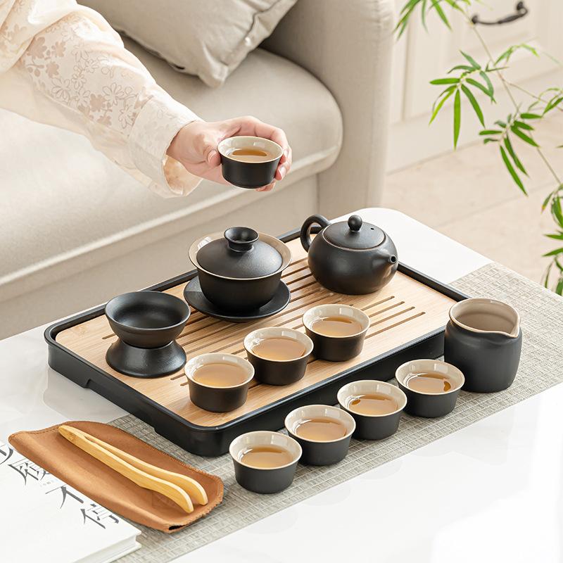 Simple high-end coarse pottery tea set, full set of home office teapots, portable high-end leather bags