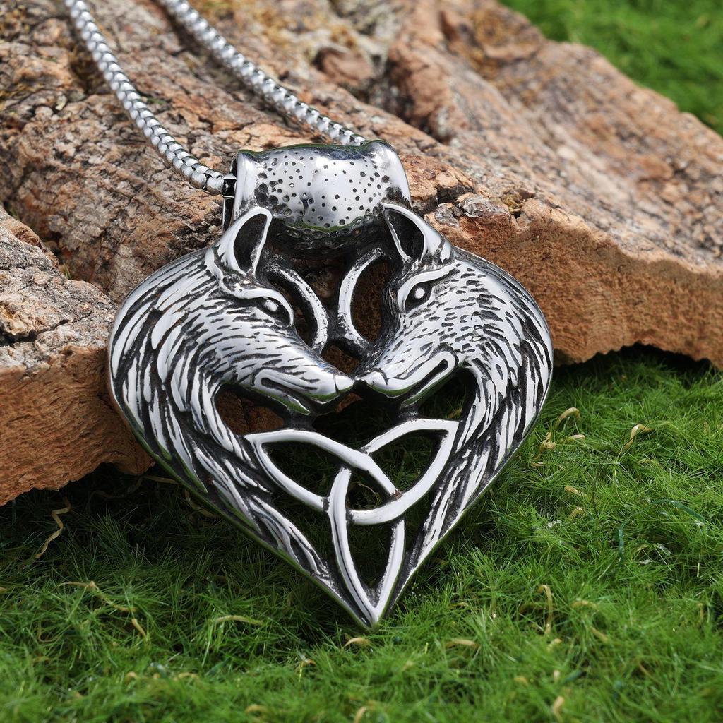 Stainless Steel Double Wolf Head Celtic Knot Pendant Necklace - Retro Style Accessories