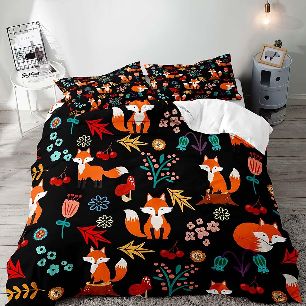 Fox Duvet Cover Set Animal Fox Bedding Set Full Size Cute Animal Pattern Printed Comforter Cover Sets For Kids Teenagers Adults
