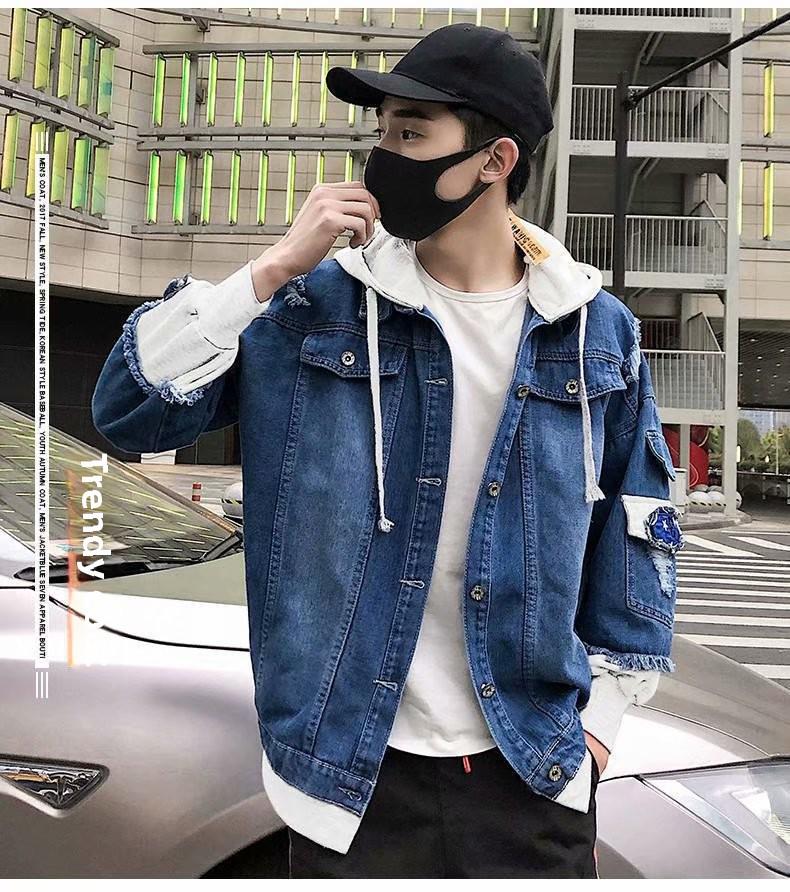 Trendy Spliced Hooded Denim Workwear Jacke für Herren - Zweiteiliges Set für Frühling und Herbst