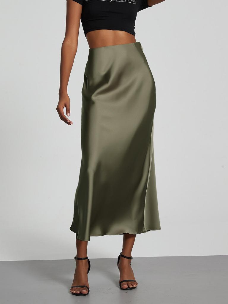 Elegant European and American Style Women's Satin Midi Skirt – Smooth, Slim, and Silky Texture for Summer