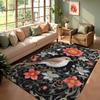 Artistic Bird & Floral Rug Black Base Vibrant Flower Print Non-slip Washable Durable Floor Mat for Living Room Bedroom Decor