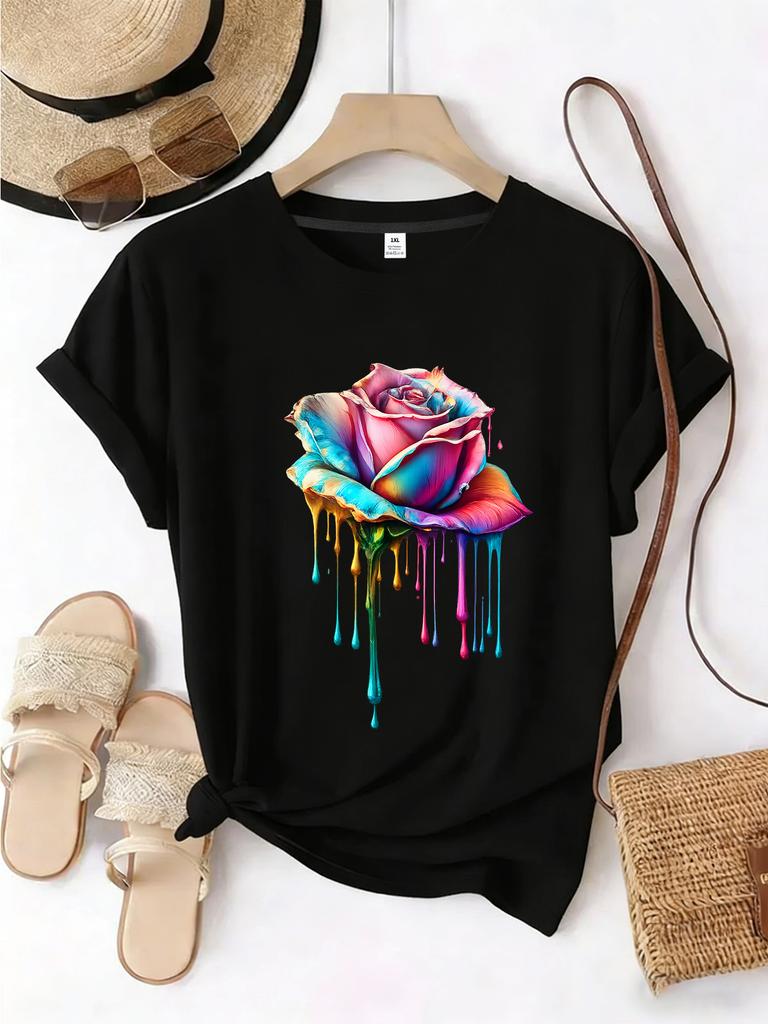 2026 Newest summer tee Rose print plus size women's round neck summer casual short sleeved street fashion versatile  T-shirt