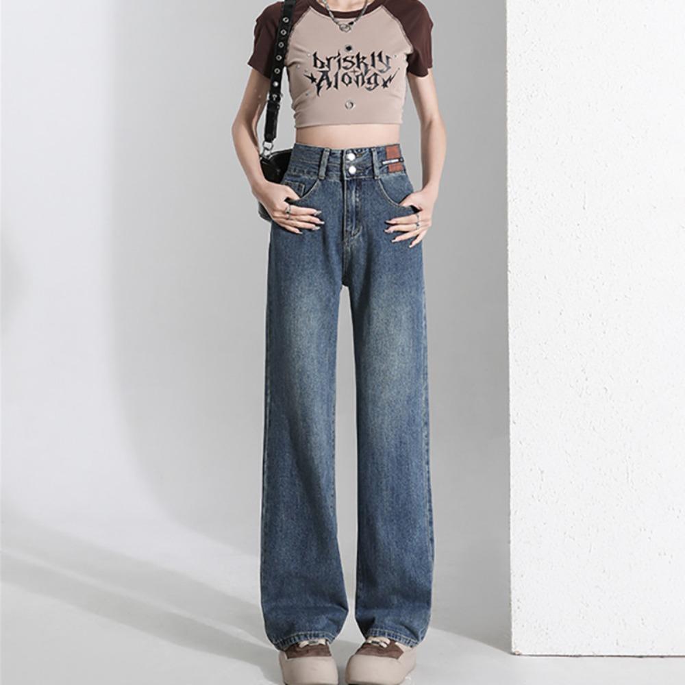 

Простые широкие джинсы для通勤, женские, весенне-осенние, новая корейская версия, с небольшой высокой талией, прямые, свободные, брюки в пол 2XL