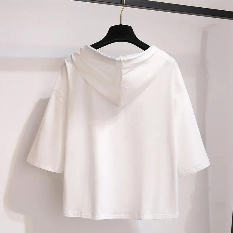 Short Sleeve 7 / 3 Sleeve Hooded Sweater Women's Middle Sleeve Spring and Summer Korean Loose Hooded Top