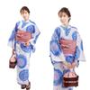 [Fuuka] Damen-Yukata-Set (2 Stücke) - Erwachsene, Einheitsgröße, Pfingstrosen- & Chrysanthemenmuster, Blau & Weiß (YukataHeiko ObiKorallenrosa) X25109B232