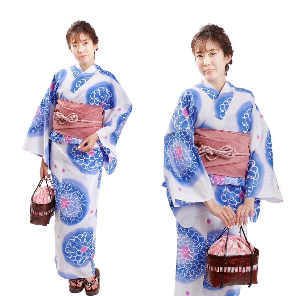 [Fuuka] Damen-Yukata-Set (2 Stücke) - Erwachsene, Einheitsgröße, Pfingstrosen- & Chrysanthemenmuster, Blau & Weiß (YukataHeiko ObiKorallenrosa) X25109B232