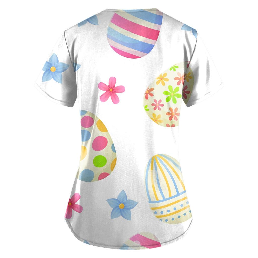 Women Fashion Easter Print V-neck Short Sleeve Workwear With Pockets Tops