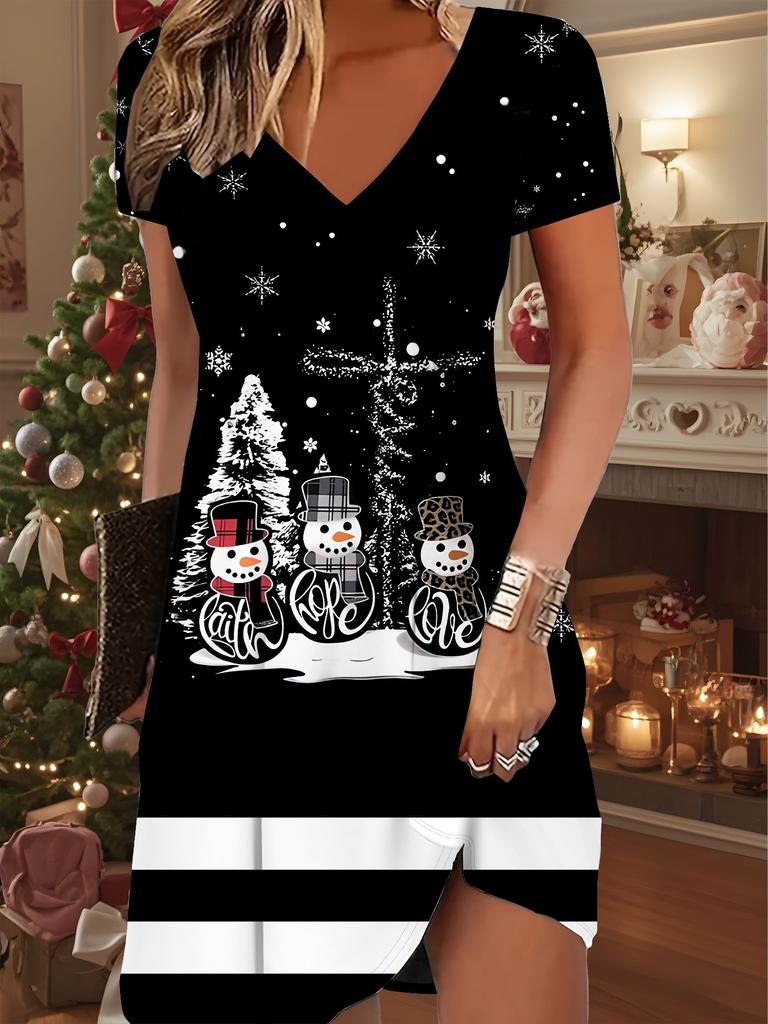 Fashion Women's V Neck Short Sleeve  Christmas Snowman Printed  Dress Sex Short Skirt Dresses