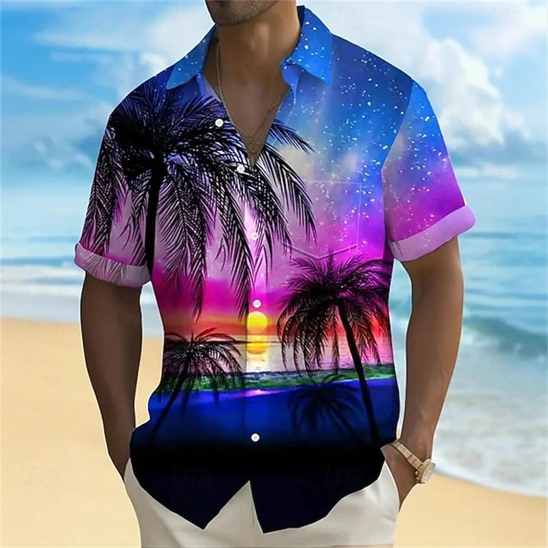 Men s Retro Hawaiian Style Short-Sleeve Shirt, Gradient Starry Sky and Coconut Tree Print, Casual Vacation Men s Shirt S